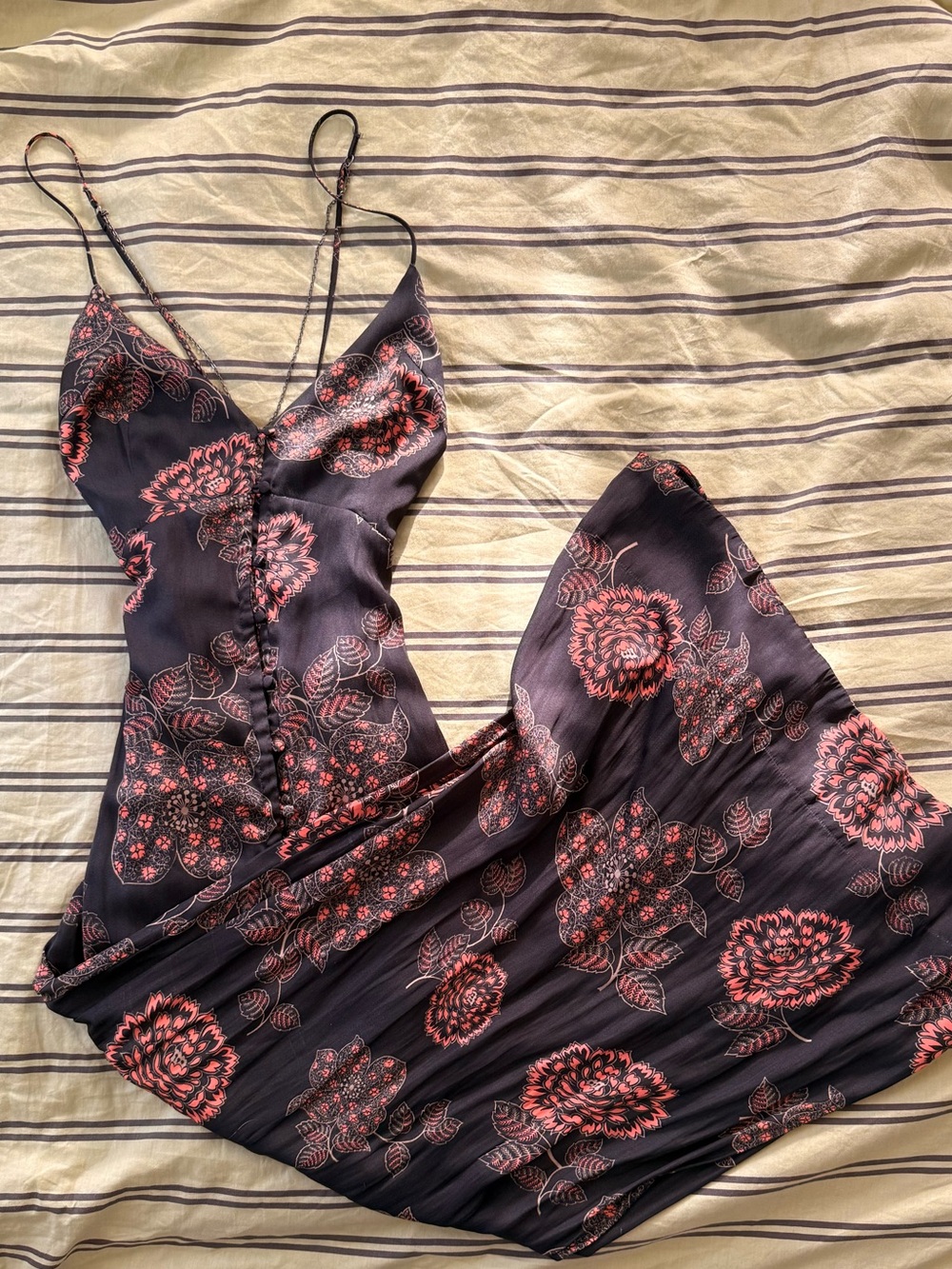 Floral Slip Dress - Black with Coral Floral Print